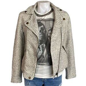 TL The Letter Moto Jacket White/Black/Gold Thread Zipper Wool Blend Size XS